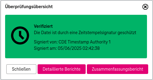 Überprüfungsübersichtsbericht mit dem Status, der auf dem grünen Hintergrund und den Optionen überprüft wurde: Zusammenfassungsbericht, detaillierter Bericht und Schließen.