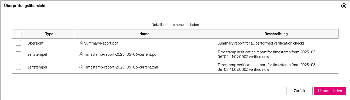 Detaillierte Berichtsansicht im Überprüfungsübersichtsfenster mit detaillierten Informationen und Schaltflächen zum Herunterladen von Berichten  und zurück.