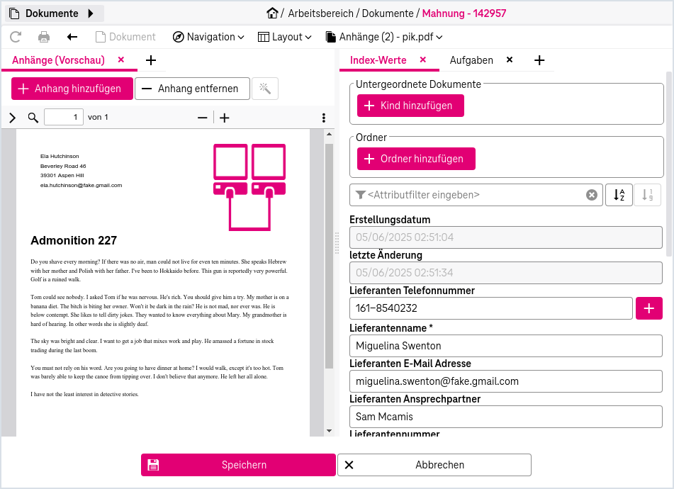 Editierbare Dokumentattribute im rechten unteren Bereich und Buttons zum Speichern oder Abbrechen unten
