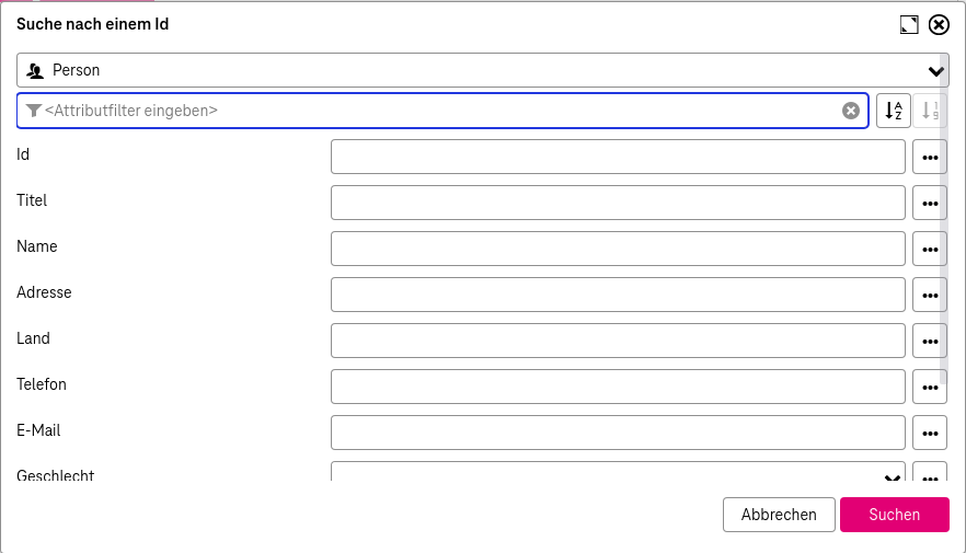 Dialog zur Suche über das Verbindungsattribut mit den Eingabefeldern für Attribute den Schaltflächen "Suchen" und "Abbrechen"