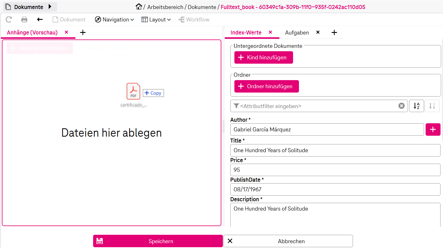 Drag and Drop Bereich, um neue Datein abzulegen mit Attributfeldern daneben