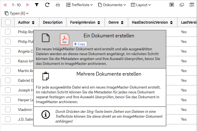Drag and Drop in der Trefferliste mit mehreren Drop-Bereichen im Falle einer Mehrfachselektion von Dateien, die abgelgt werden: Der obere Bereich erzeugt ein einzelnes Dokument mit mehreren Anhängen. Der untere Bereich erzeugt mehrere Dokumente, mit jeweils einem Anhang.