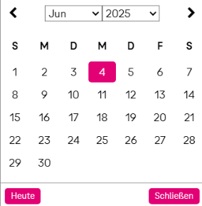 Kalender, in dem Monat, Jahr und ein Tag des Monats ausgewählt werden können