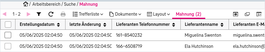 Elemente im oberen Bereich einer Trefferliste von links nach rechts: Dreiecke nach links und rechts, um zwischen Seiten zu blättern; mehrere Aktionsmöglichkeiten nebeneinander, darunter: "Typen" um zwischen Trefferlisten von Dokumenttypen zu wechseln; Aktion "Spalten" ganz rechts zum Ein- und Ausblenden von Spalten; unter den Aktionen: Kopfzellen zu jeder Spalte zum Sortieren und Filtern