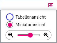 Erweitertes Ansichtsänderungsmenü mit Optionen Tabellenansicht und Miniaturansicht und dem Gleiter zum Ändern der Größe der Miniaturansichten