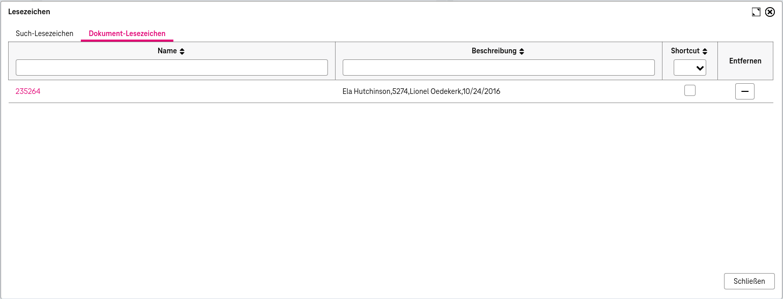 Beispiel für ein Dokument Lesezeichen mit einem Titel, der aus der Datum besteht, und dem Minus-Symbol zum Löschen