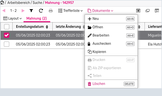 Funktion "Löschen" im Menü "Dokumente" oberhalb der Trefferliste mit einem selektierten Dokument in der Trefferliste