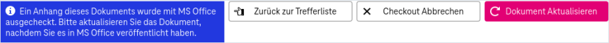 Benachrichtigungsnachricht nach erfolgreichem Auschecken in MS Office mit den Schaltflächen Checkout abbrechen und Dokument aktualisieren
