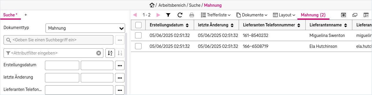 Suchfelder linkerseits mit Ergebnissen in der Trefferliste rechts