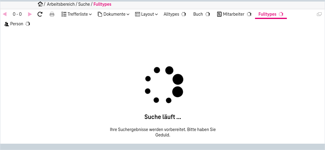 Trefferliste mit Suchlaufrad und Schaltflächen Abbrechen und Alle abbrechen