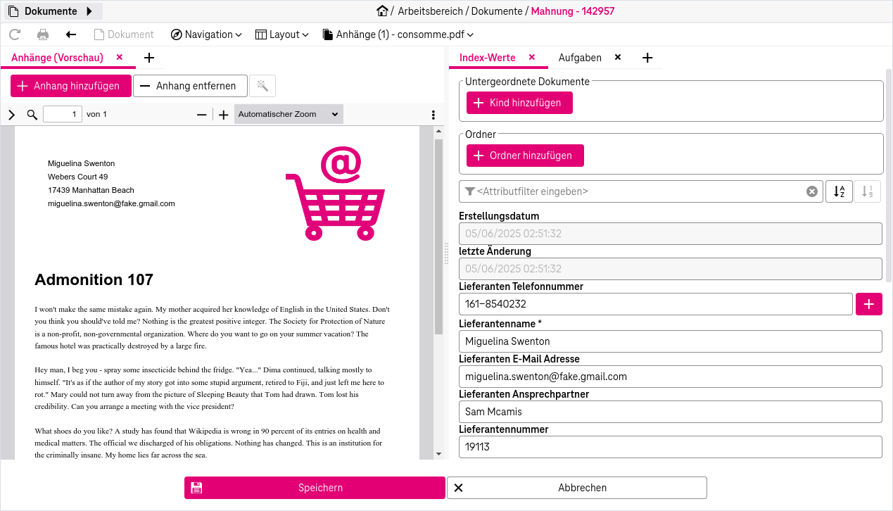 Links: Vorschau des Anhangs; rechts: zugehörige Attribute mit ihren Werten und der Schaltfläche "Kind hinzufügen" oben.