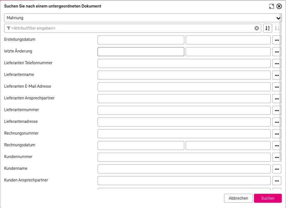 Suchansicht zum Durchsuchen von Dokumenten, um untergeordnete Dokumente auszuwählen, die in einem Überlagerungsfenster geöffnet wurden