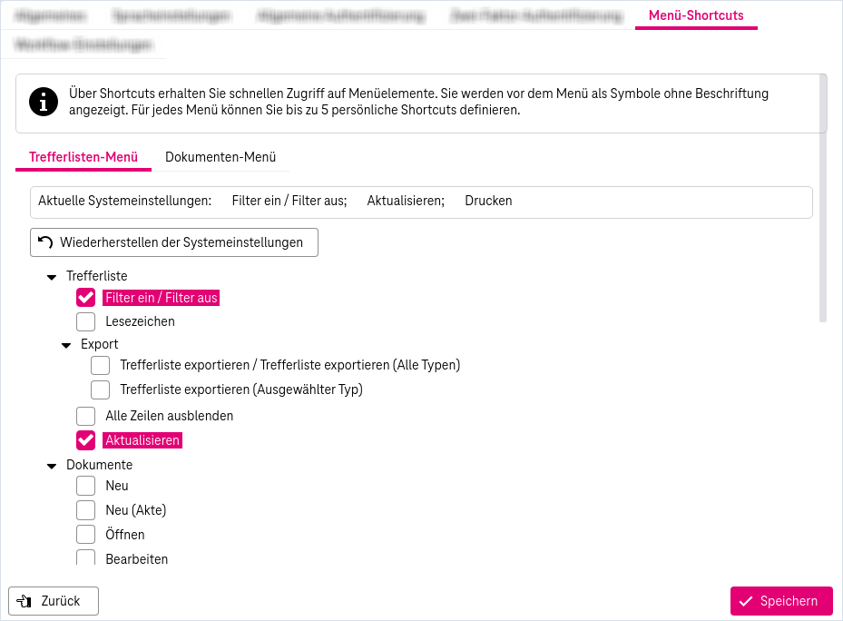 Reduzierte "Trefferlisten-Menüs" und "Dokument-Menüs" für die Konfiguration von Verknüpfungen, Schaltfläche "Speichern"