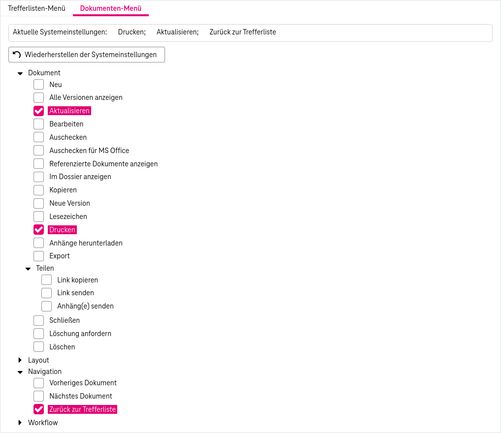 Erweitertes Fenster "Dokumenten" mit der Liste aller Aktionen, die in den Menüs der Dokumentansicht verfügbar sind, und Kontrollkästchen für jede Aktion zum Definieren von Verknüpfungen