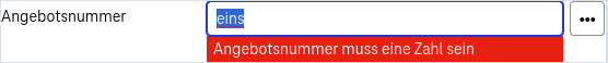 Beispiel für einen ungültigen Eintrag bei dem das Wort "one" in Buchstaben eingetippt wurde statt Angabe einer Zahl in Ziffern
