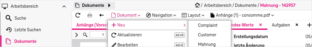 Arbeitsbereich für Dokumente mit Pulldown-Menü "Dokument" und Menüpunkt "Neu" mit verfügbaren Dokumenttypen