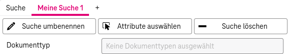 Personalisierte Suche mit folgenden Elementen: 1) Neue personalisierte Suche über das Plus-Symbol oben rechts hinzufügen, 2) Suche umbenennen 3) Attribute auswählen für das Hinzufügen von Suchfeldern, 4) Suche löschen, 5) Im unteren Bereich sind hinzugefügte Suchfelder zu sehen.
