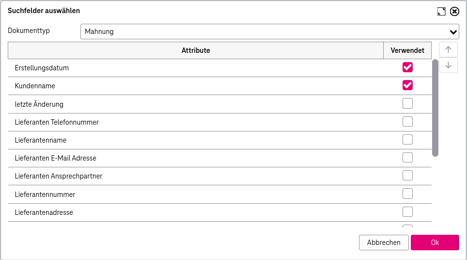 Elemente von oben nach unten: Dropdown zum Auswählen eines Dokumenttyps; darunter kann ein ausgewähltes Attributfeld nach oben oder unten verschoben werden über die Pfeiltasten rechterseits; Felder, die angezeigt werden sollen, können über Ankreuzkästchen selektiert werden; darunter die Buttons Ok und Abbrechen