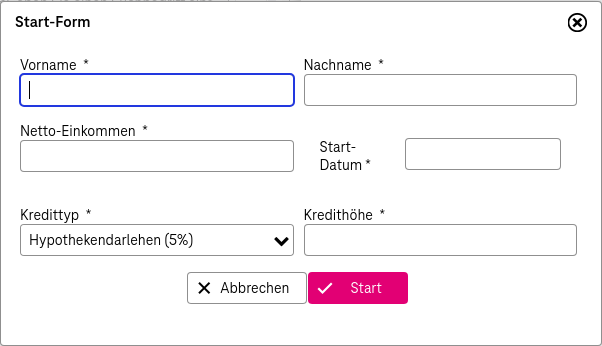 Das Workflow Start Fenster mit den zu füllenden Parametern und den Schaltflächen "Speichern" und "Abbrechen".