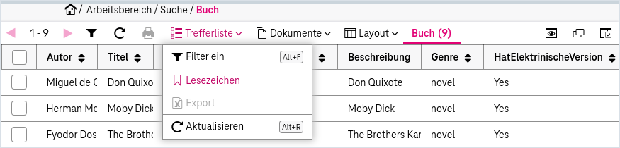 Trefferliste Dropdown-Menü mit selektiertem Eintrag Such-Lesezeichen