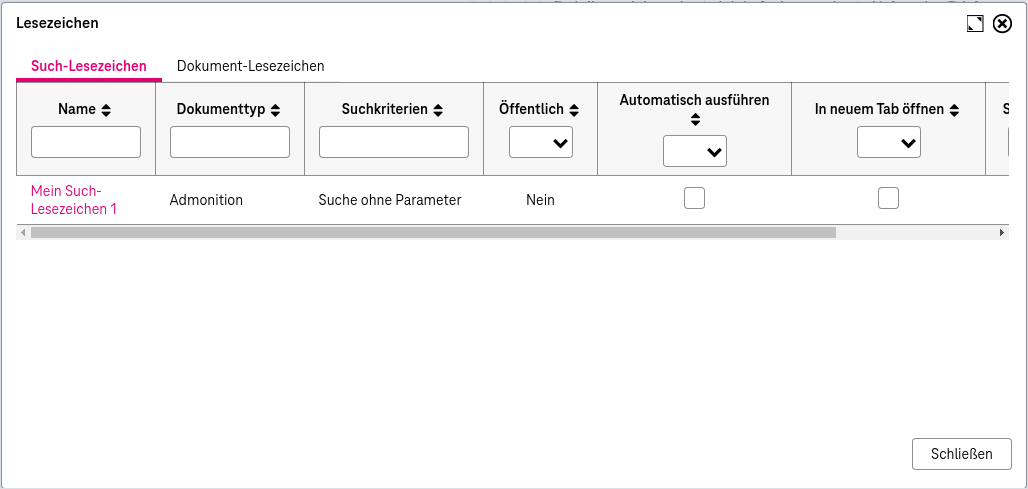 Panel mit Such-Lesezeichen