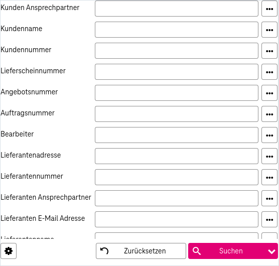 Suchbereich mit folgenden Elementen von oben nach unten: Registerkarten für eine Standard- und mehrere personalisierte Suchen, Zahnrad-Symbol links für erweiterte Suchoptionen, Dokumenttyp-Auswahl, Filterbegriff für Suchfelder mit Sortier-Buttons für Suchfelder rechts davon, Suchfelder für Attribute darunter