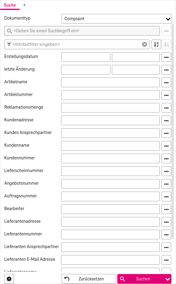 Allgemeines Text-Suchfeld oben mit Index-Suchfeldern für bestimmte Attribute darunter