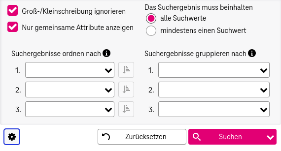 Aktiviertes Kontrollkästchen für Groß-/Kleinschreibung ignorieren mit gesetzter Option "alle Suchwerte" darunter. Die alternative Option "mindestens ein Suchwert" ist nicht aktiv. Drei Dropdown-Felder sind rechts daneben positioniert, um Attribute zur Sortierung der Ergebnisse anzugeben.