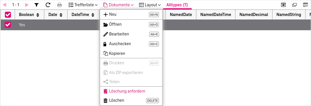 Funktion 'Löschung anfordern' im Menü 'Dokumente', oben in der Trefferliste, mit einem ausgewählten Dokument in der Trefferliste.