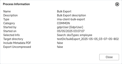 Compliance processes detailed information arrenged in a table with the button close in the bottom