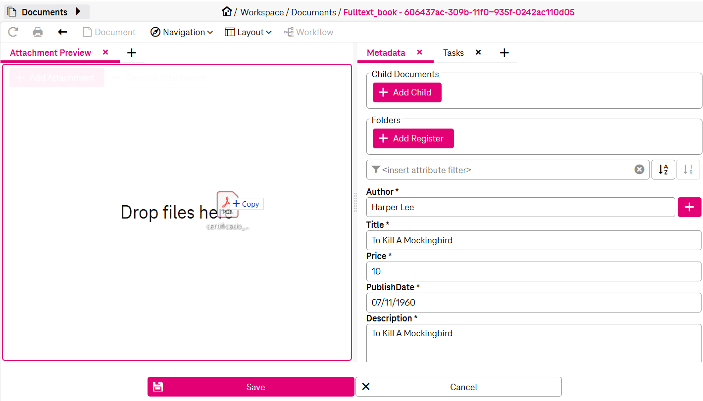 Drag and drop area for adding a new file with adjacent attribute fields