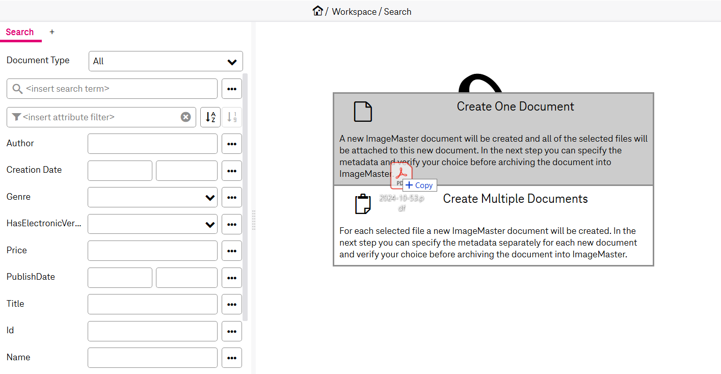 Drag and drop in the hit list with multiple drop areas. The upper area creates a single document with multiple attachments. The lower area creates multiple documents, one for each file being dropped from a multi-selection.
