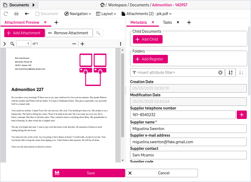 Preview of the file in left area with attribute fields in the right area and buttons to save or cancel in the bottom.