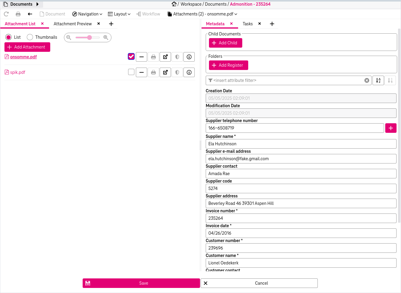 Preview of the file in left area in the list view  with attribute fields in the right area and buttons to save or cancel in the bottom.