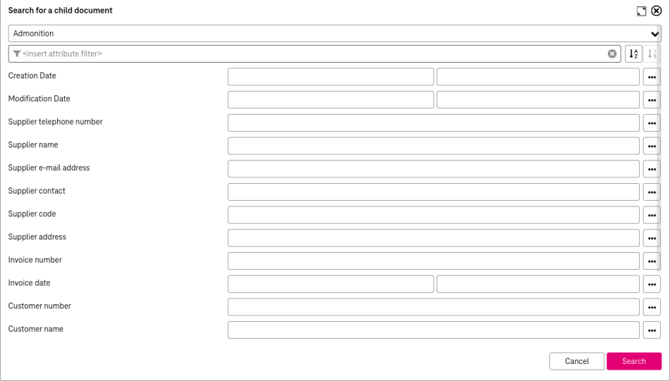 Search view to search over documents to select a child documents opened in an overlay window