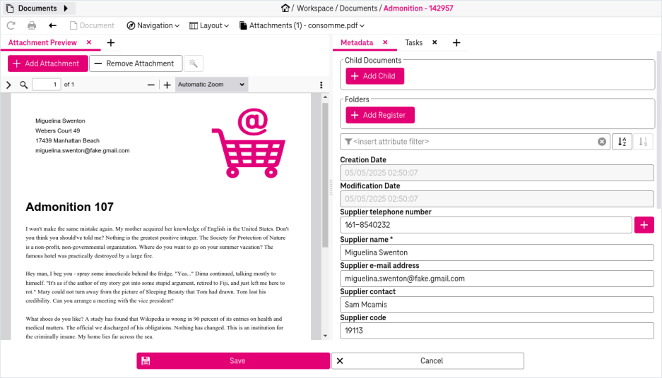 On the left: Attachment preview; on the right: belonging attributes with their values and the button "Add Child" on top