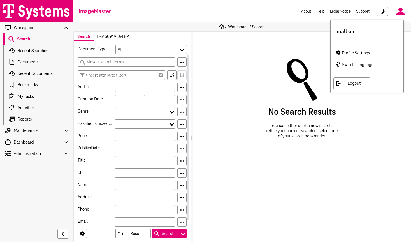 Basic page structure with sliding navigation menu on the left, static functional bar on top, and a context-dependent workspace with a sliding search panel in the right (below the static functional bar)