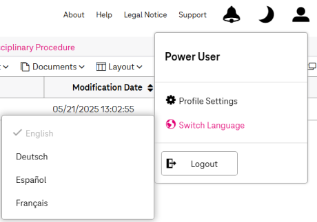 Expanded 'Settings' menu with selected "Switch Language" option on the right and language selection on the left with entries for the supported languages English, German, Spanish, French, Chinese (each in their native language) on the left
