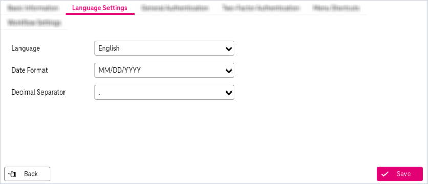 Language settings with fields for language, date format and decimal separator on the right and save button in the bottom