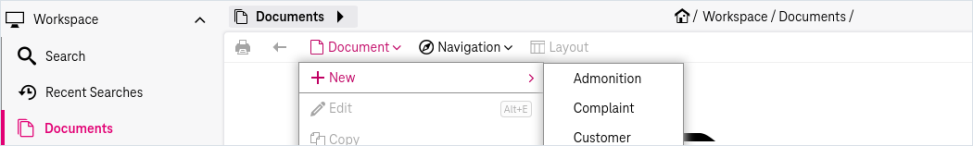 Workspace for documents with pull down menu "Document" and menu item "New" with available document types