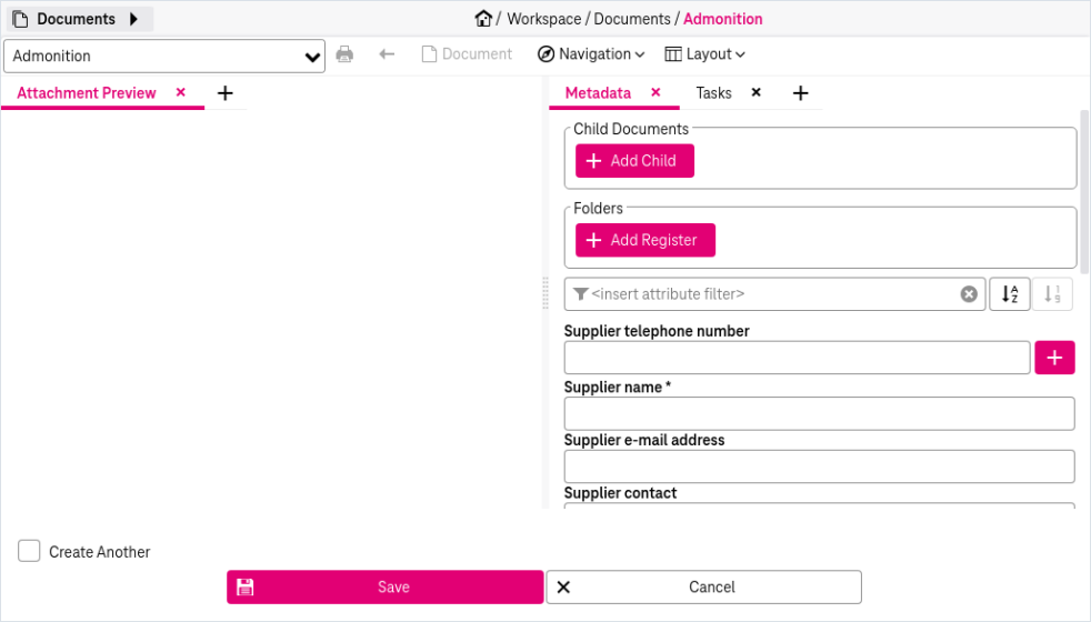 dialog with area to add attachents on the left and input fields for attribute values on the right