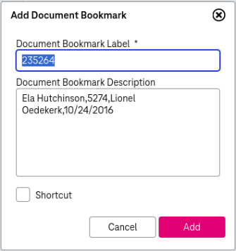 Document bookmark creation dialog with the following fields to be adjusted: doccument bookmark label, document bookmark description, box "Shortcut" and buttons Add and Cancel in the bottom
