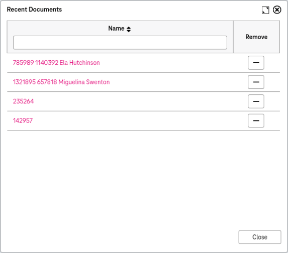 Example document history entries with numerical IDs, minus icons for each entry and "Close" button below
