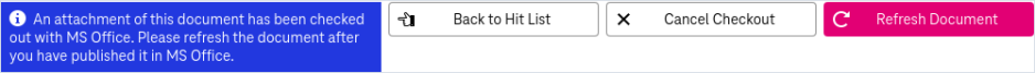 Notification message after successful checkout to MS Office with buttons Cancel Checkout and Refresh Document