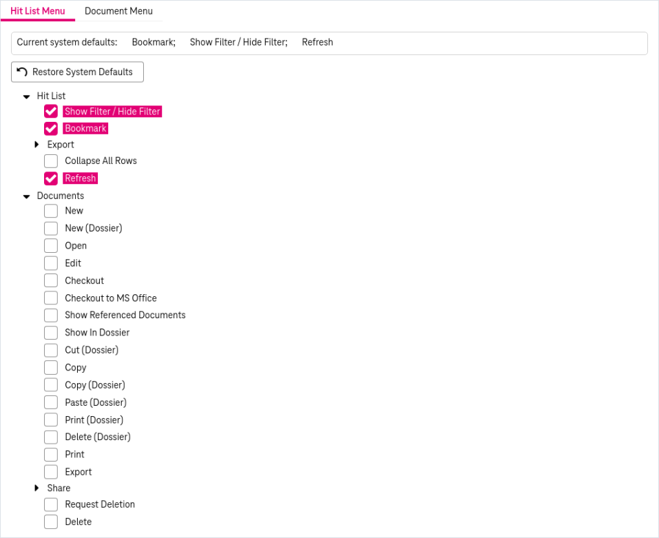 Expanded panel "hitllist menu" with the list of all actions avaliable in the menus in the hitlist view and checkboxes for each action  for defining shortcuts