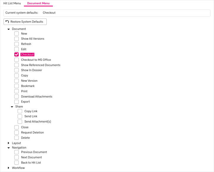 Expanded panel "document menu" with the list of all actions avaliable in the menus in the document view and checkboxes for each action  for defining shortcuts
