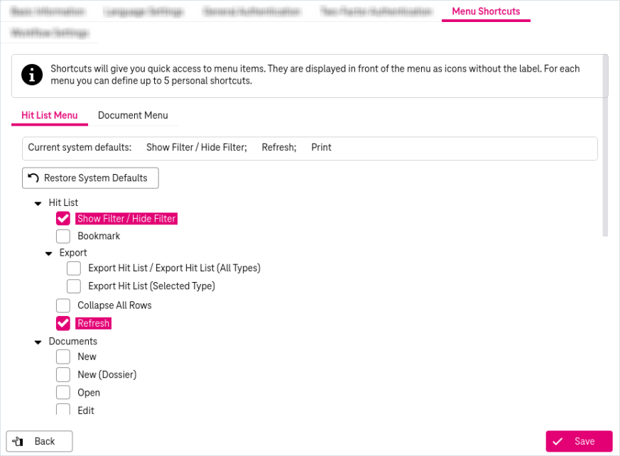 Collapsed "hitlist menu" and "document menu" panels for shortcuts configuration, button "save"