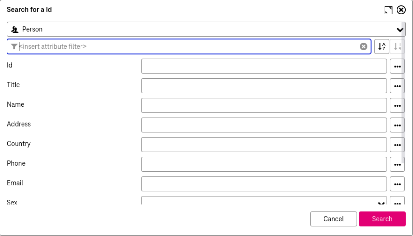 Search window with input fields for entering attributes and buttons "search" and "cancel" in the bottom