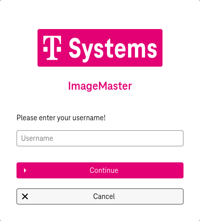 Username input field and buttons below to continue or cancel