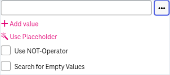 Search field with additional options below including add value, use range, use not-operator, search for empty values. 